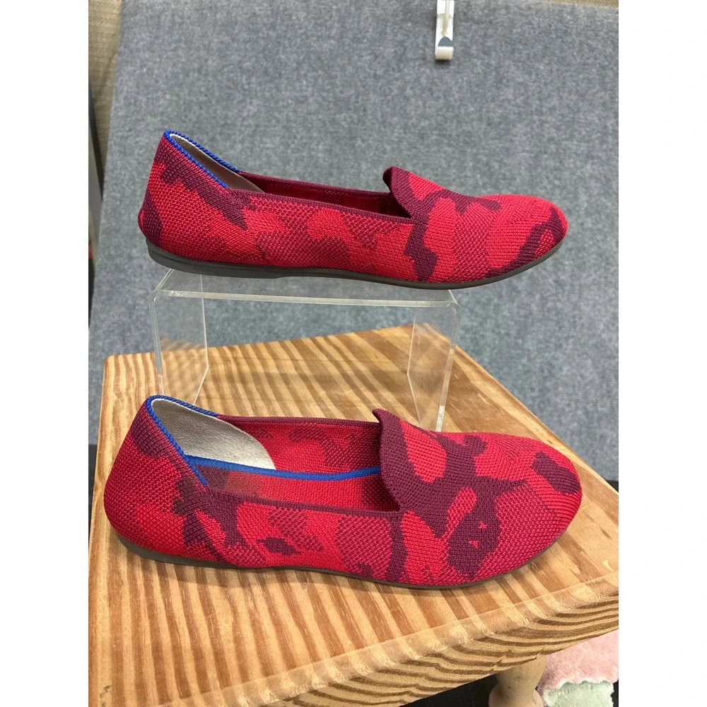 Rothys Kids Loafers Red Burgundy Camo Knit Slip On Flats Shoes Size K3